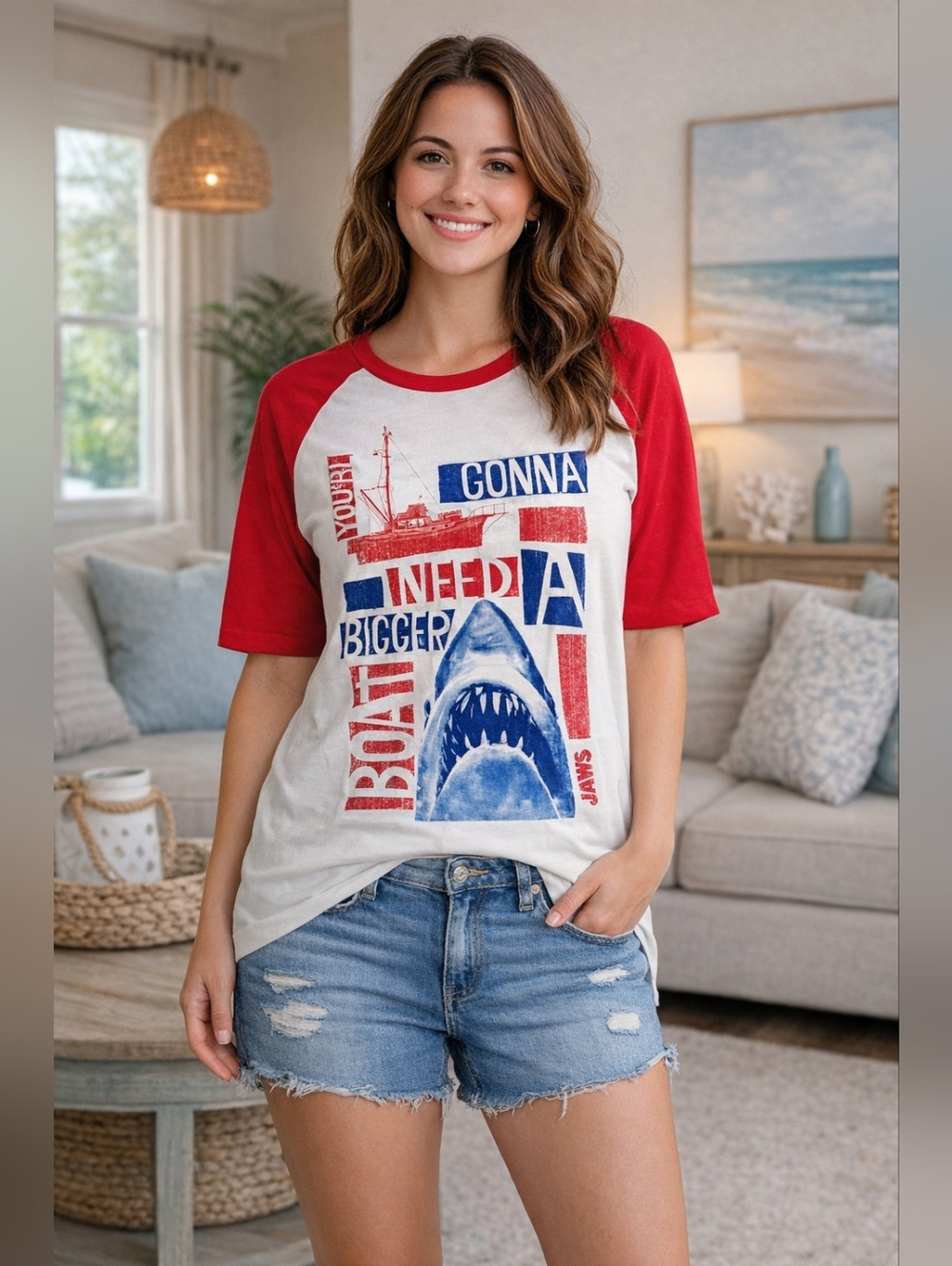 Jaws Raglan Tee S Red White Blue Shark “Bigger Boat” NWT